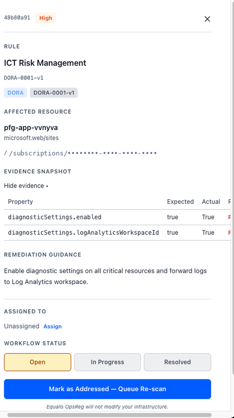 Equalis OpsReg violation record for DORA ICT Risk Management: affected resource, evidence snapshot with expected and actual property values, remediation guidance and workflow controls